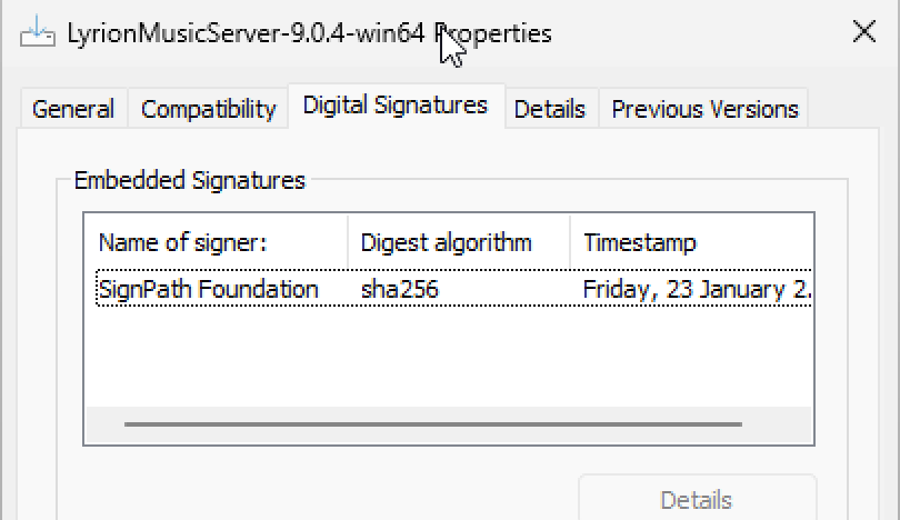 SignPath Foundation signature in downloaded file's properties